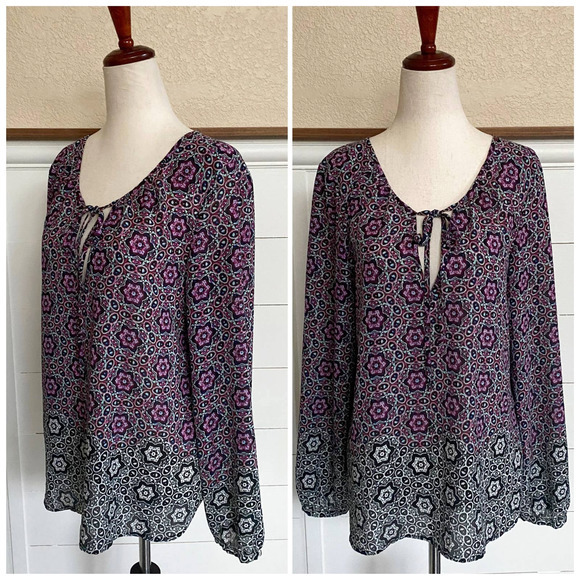 Sanctuary Ombre Medallion Floral Tie-Neck‎ Long sleeve Blouse XS - Picture 1 of 5